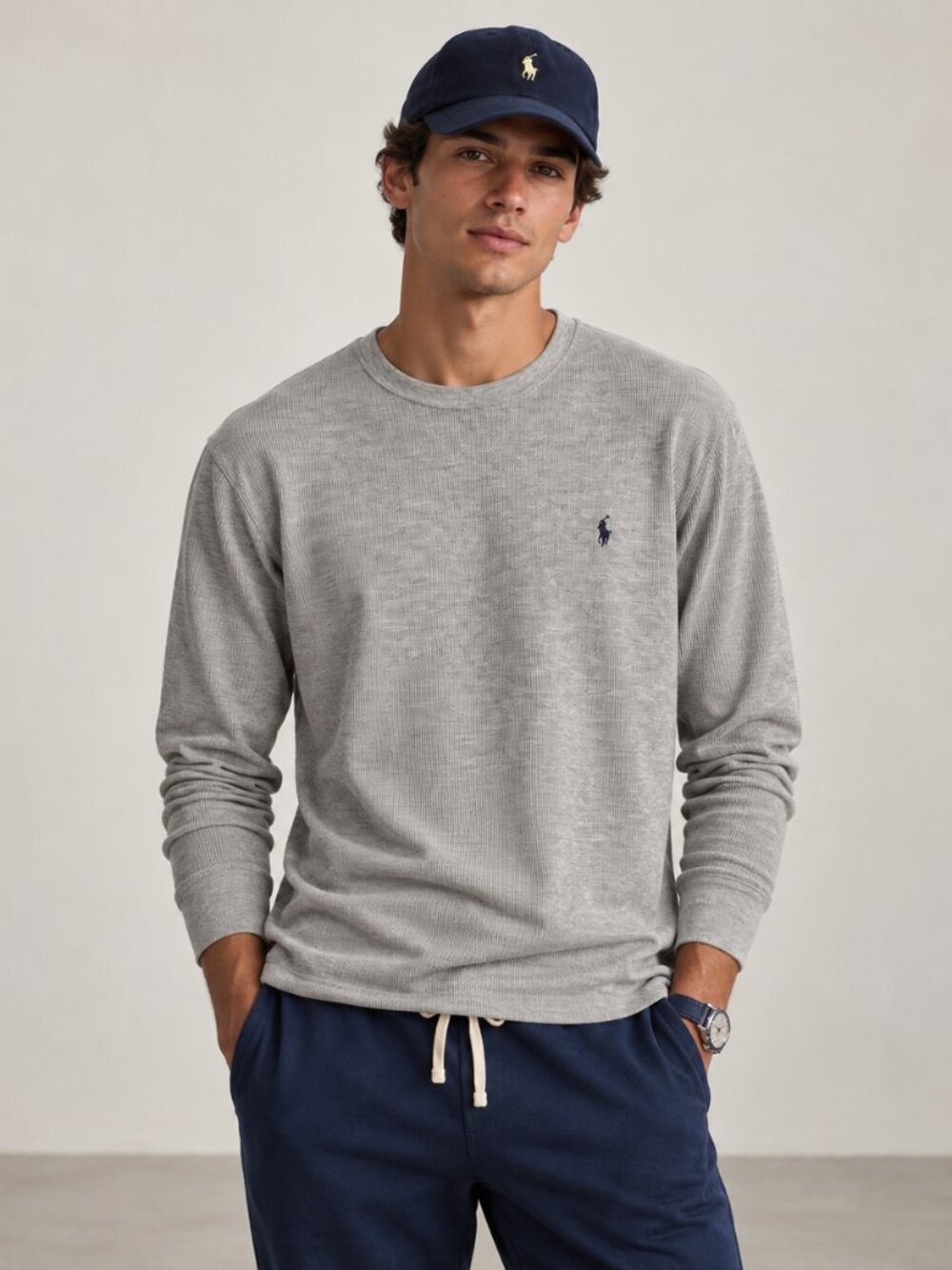 Polo Ralph Lauren Waffle Knit Thermal Shirt Gray Preppy Classic Crewneck Top XL - Picture 1 of 5